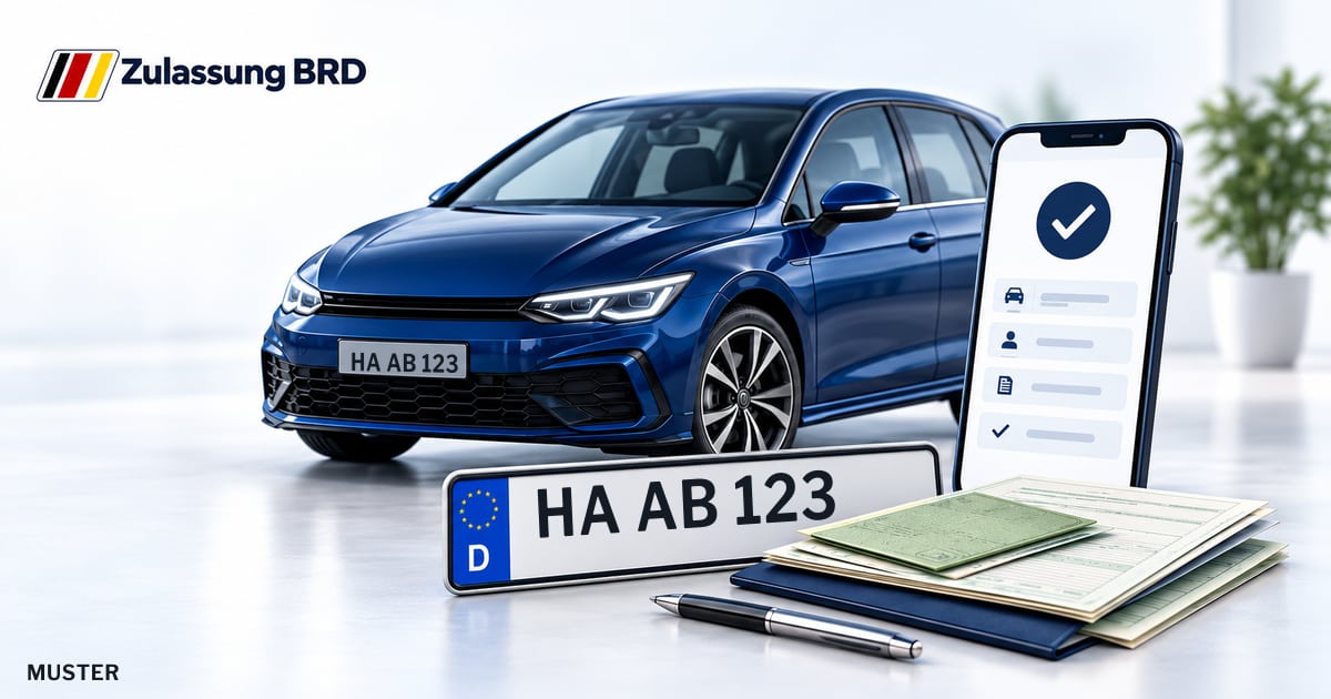 Online Fahrzeugzulassung in Hagen: Musterkennzeichen HA AB 123, Auto und Fahrzeugpapiere und Smartphone. Illustration mit Logo von Zulassung BRD.